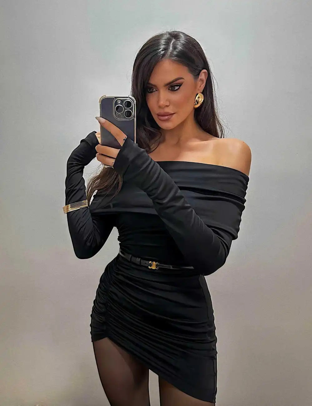Glove sleeve bandeau mini dress