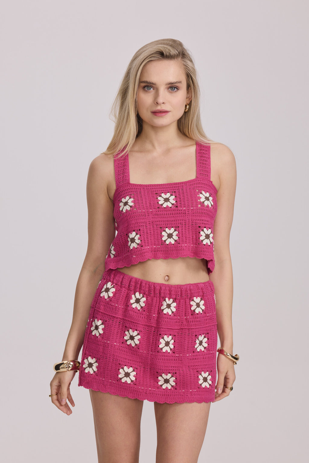 Pink crochet top skirt set