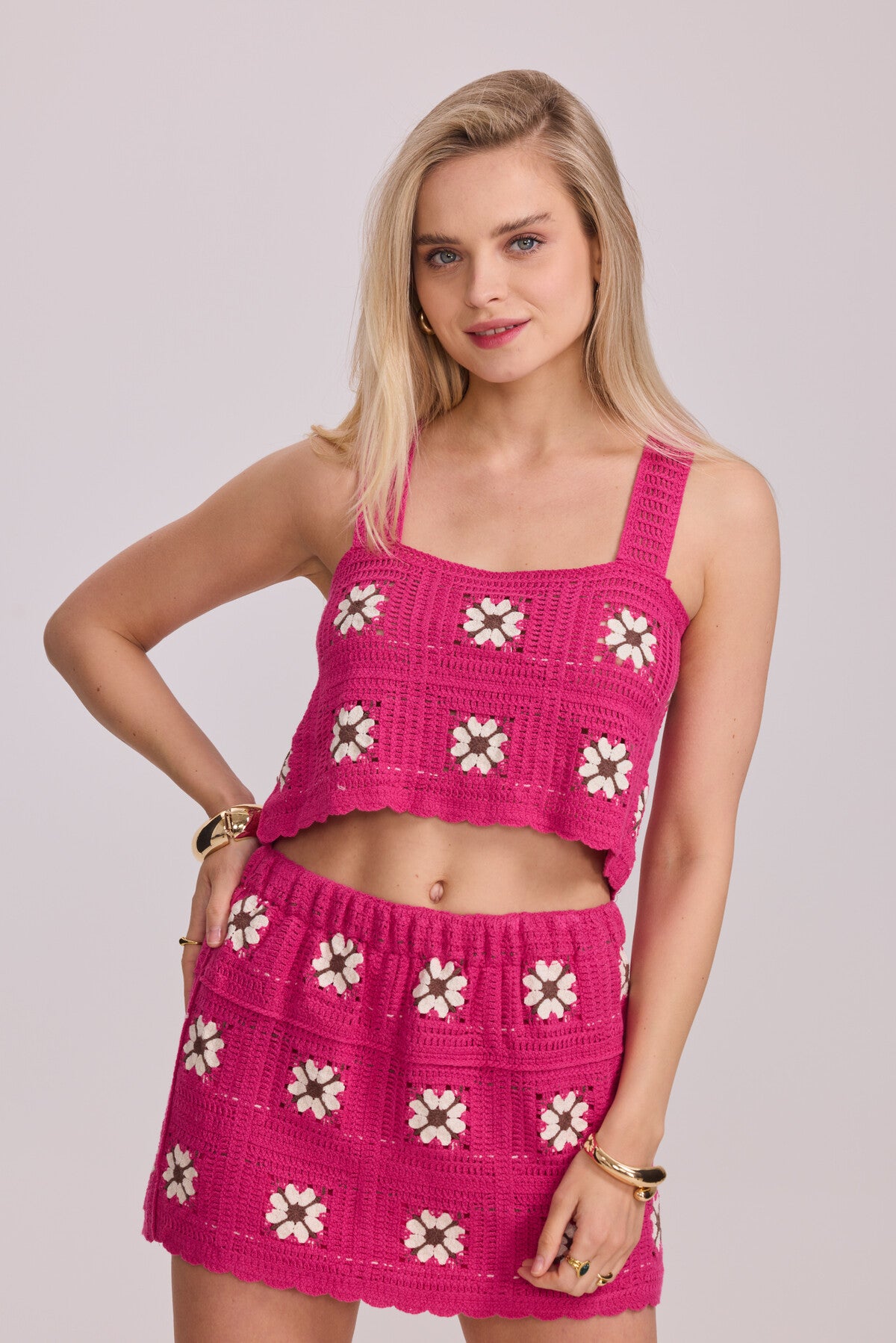 Pink crochet top skirt set